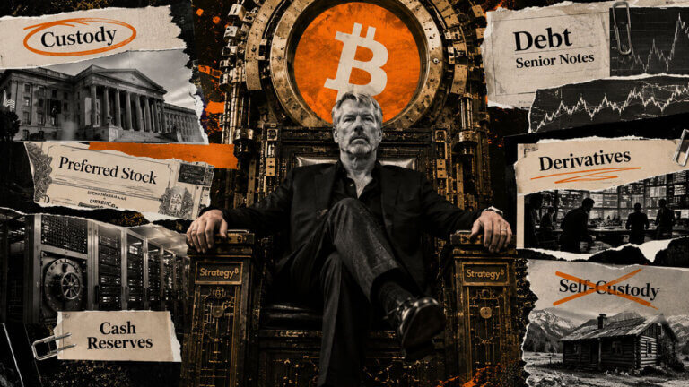 Michael Saylor sits on a mechanical throne beneath Bitcoin, surrounded by custody, debt, derivatives, cash reserves, preferred stock, and self-custody.