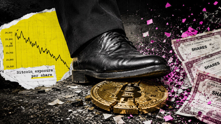 Editorial collage of a shoe crushing a cracked Bitcoin coin beside falling exposure data and Class A share certificates.