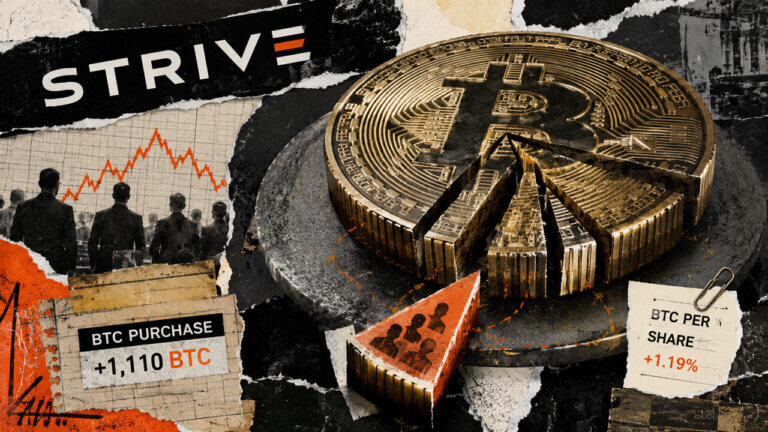 Sliced Bitcoin coin with a small shareholder wedge, contrasting Strive’s 1,110 BTC purchase with only a 1.19% BTC-per-share increase.