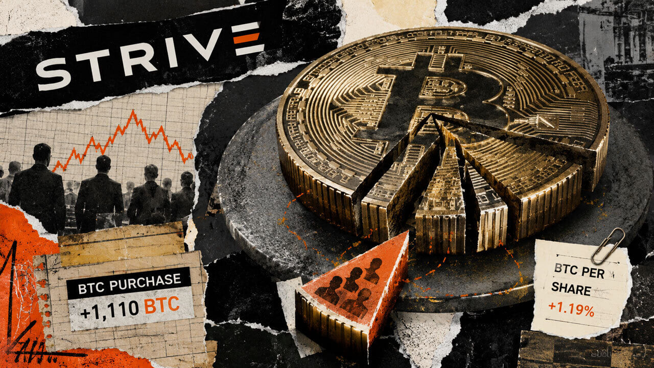 Sliced Bitcoin coin with a small shareholder wedge, contrasting Strive’s 1,110 BTC purchase with only a 1.19% BTC-per-share increase.