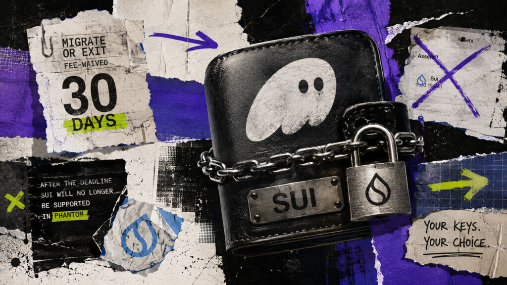 Phantom and Sui symbols divided inside an hourglass as a 30-day calendar and migration route visualize the approaching wallet-support deadline.