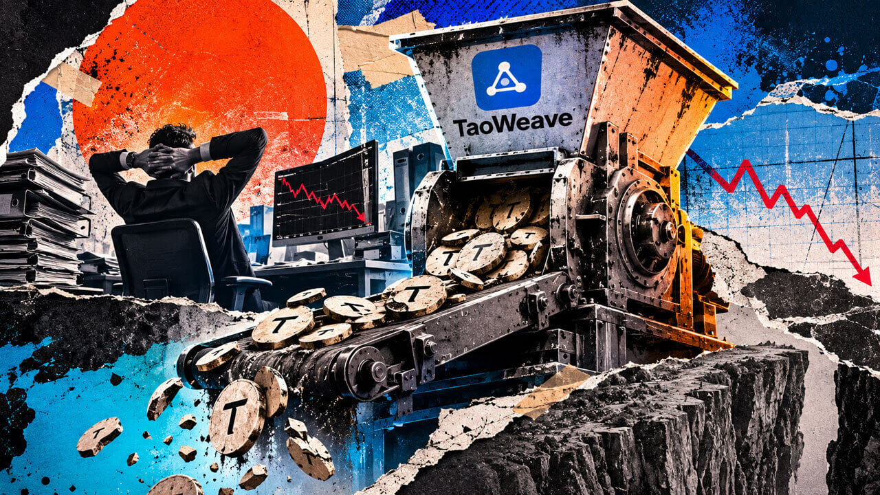 TaoWeave-branded industrial crusher feeds TAO tokens toward a cliff beside a stressed office worker and sharply declining market charts.