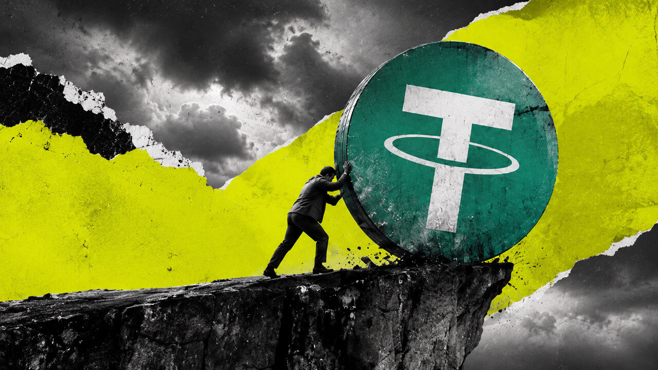 Businessman pushes a giant Tether symbol toward a cliff edge beneath storm clouds and torn acid-yellow paper.