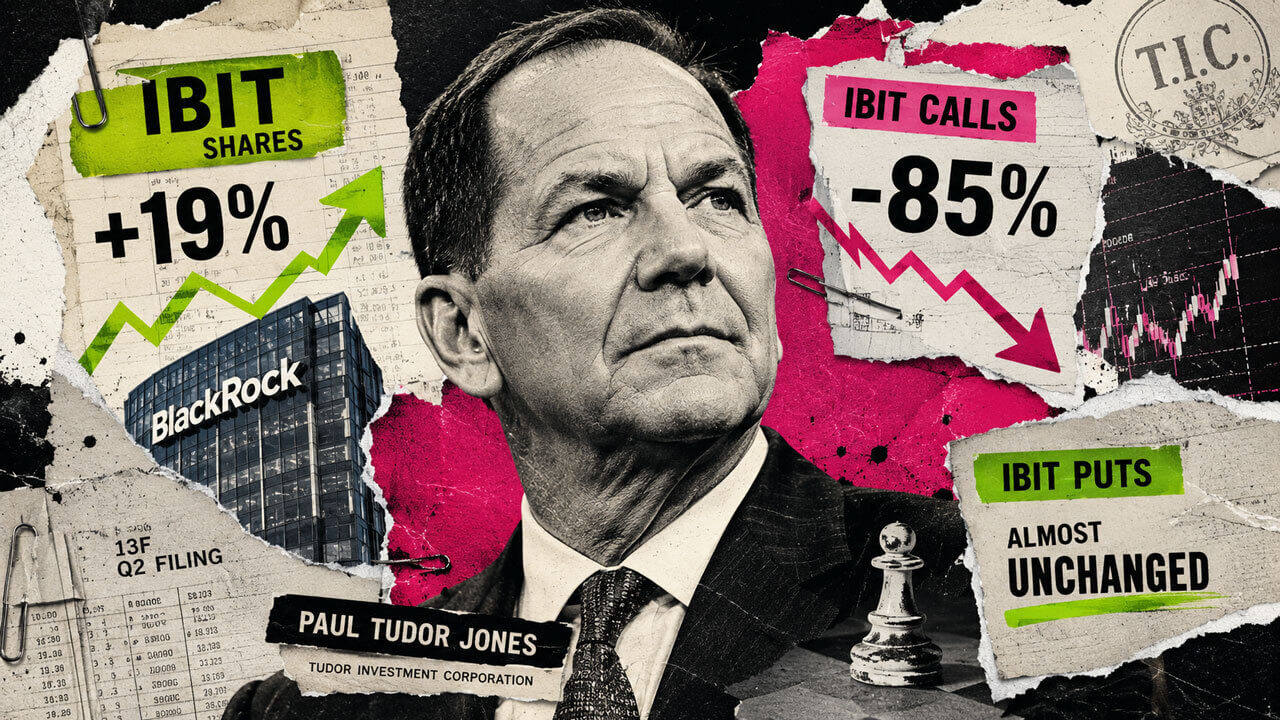 Editorial collage of Paul Tudor Jones with BlackRock imagery, rising IBIT shares, collapsing calls, and stable put exposure.