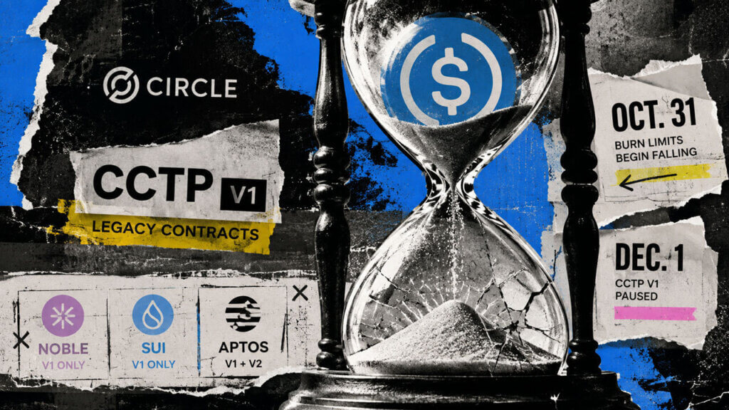 CCTP V1 hourglass counts down toward Oct. 31 and Dec. 1 as Noble and Sui remain V1-only and Aptos supports V2.