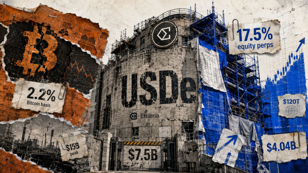 USDe depicted as a financial structure under reconstruction, shifting from low Bitcoin basis yields toward higher-yield equity perpetuals.