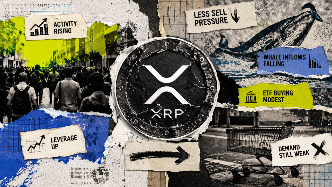 Cracked XRP emblem sits between rising activity, falling whale inflows and an empty shopping cart symbolizing weak buying demand.