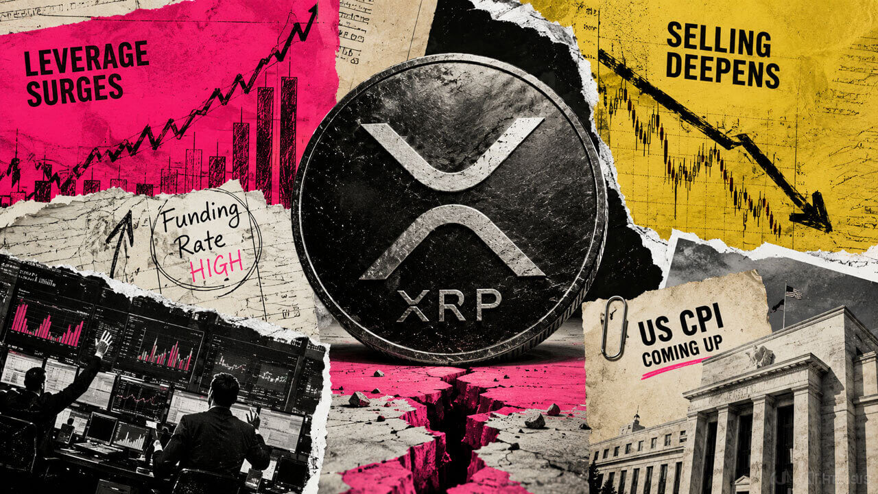 XRP coin amid rising leverage, deepening selling pressure, market charts, and US CPI imagery in a distressed editorial collage.