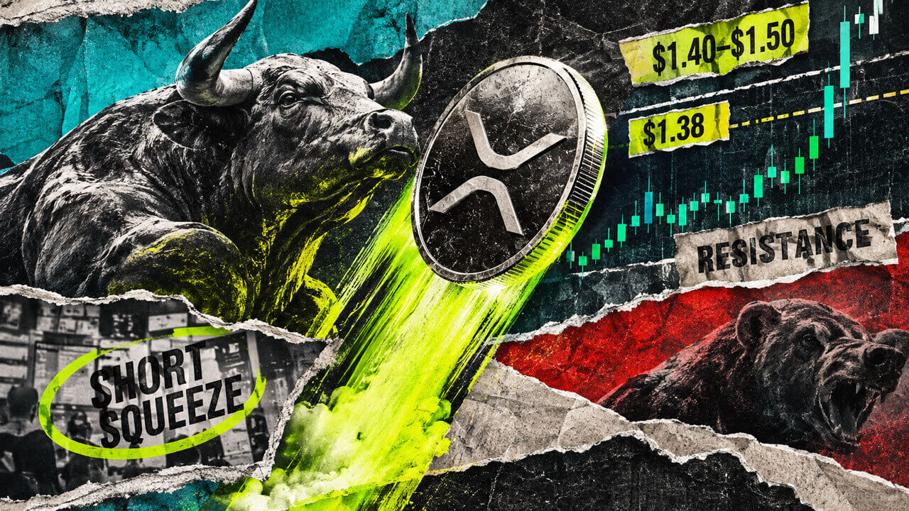 XRP rocket launches through a rising chart toward $1.38 and $1.40–$1.50 resistance as shorts are forced to cover.