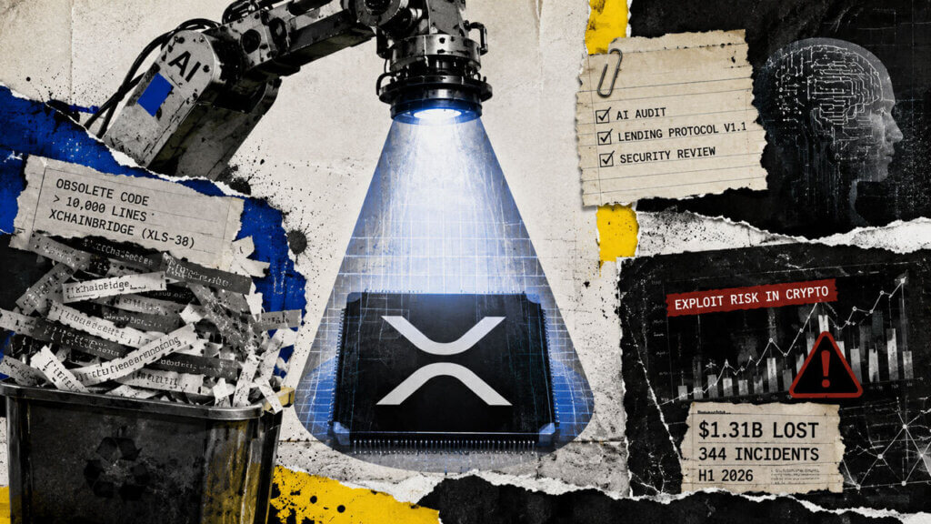AI robotic scanner examines an XRP chip as discarded XChainBridge code and exploit-risk evidence surround the security review.