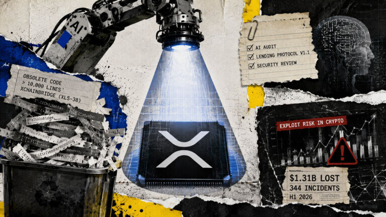 AI robotic scanner examines an XRP chip as discarded XChainBridge code and exploit-risk evidence surround the security review.