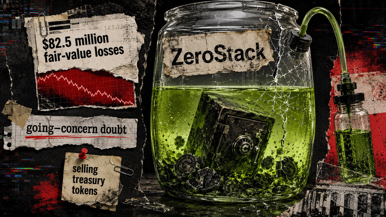Cracked ZeroStack jar holds a submerged safe and 0G tokens, with loss figures and going-concern warnings arranged as evidence.