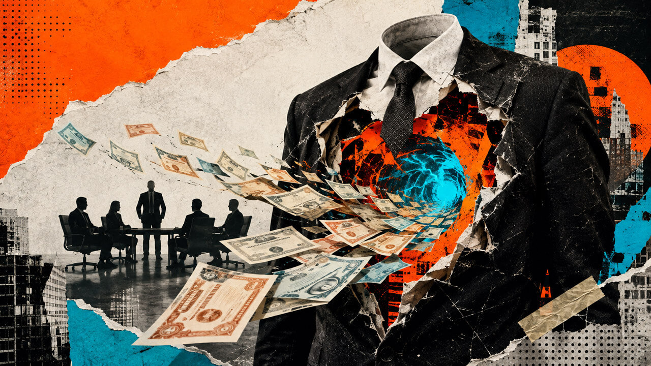 Hollow executive suit releases financial certificates through an electric vortex as a shadowy board signals Zhibao’s management takeover.