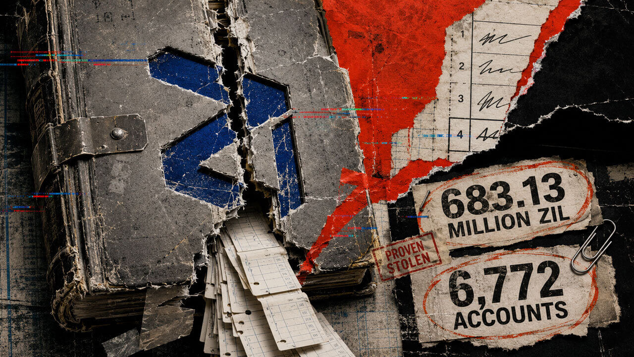 Torn Zilliqa ledger shows 683.13 million ZIL stolen and 6,772 exposed accounts in a red-and-blue editorial collage.