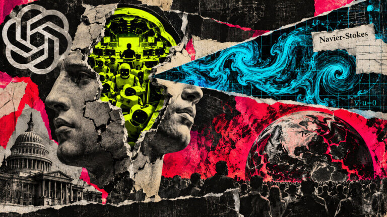 Acid-color editorial collage of an AI face, robot workforce, turbulent Navier-Stokes field, skull-statue hybrid, Capitol, and a lone human figure.