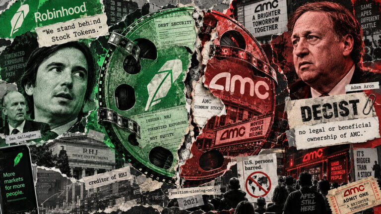 Vlad Tenev and Adam Aron flank a torn AMC Stock Token ticket showing RHJ debt exposure without AMC shareholder rights.