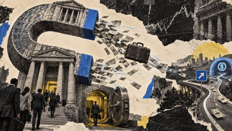 A bank-shaped magnet pulls dollar notes and a corporate briefcase toward an open vault beside a competing digital-money route.