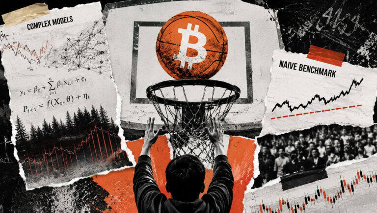 A Bitcoin basketball drops through a hoop as complex model papers and naive benchmark charts collide in a punk collage.