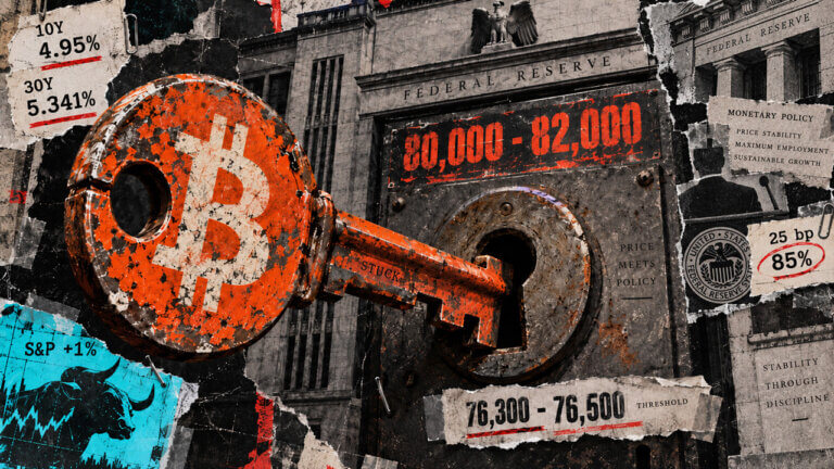 Distressed Bitcoin key jams in a Federal Reserve lock beneath the $80K–$82K resistance level with Treasury yield evidence.