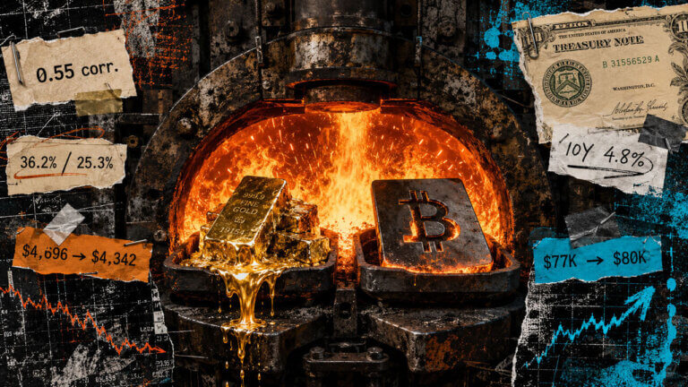 Gold melts while Bitcoin holds its shape inside the same macro furnace, illustrating stronger correlation but different stress sensitivity.
