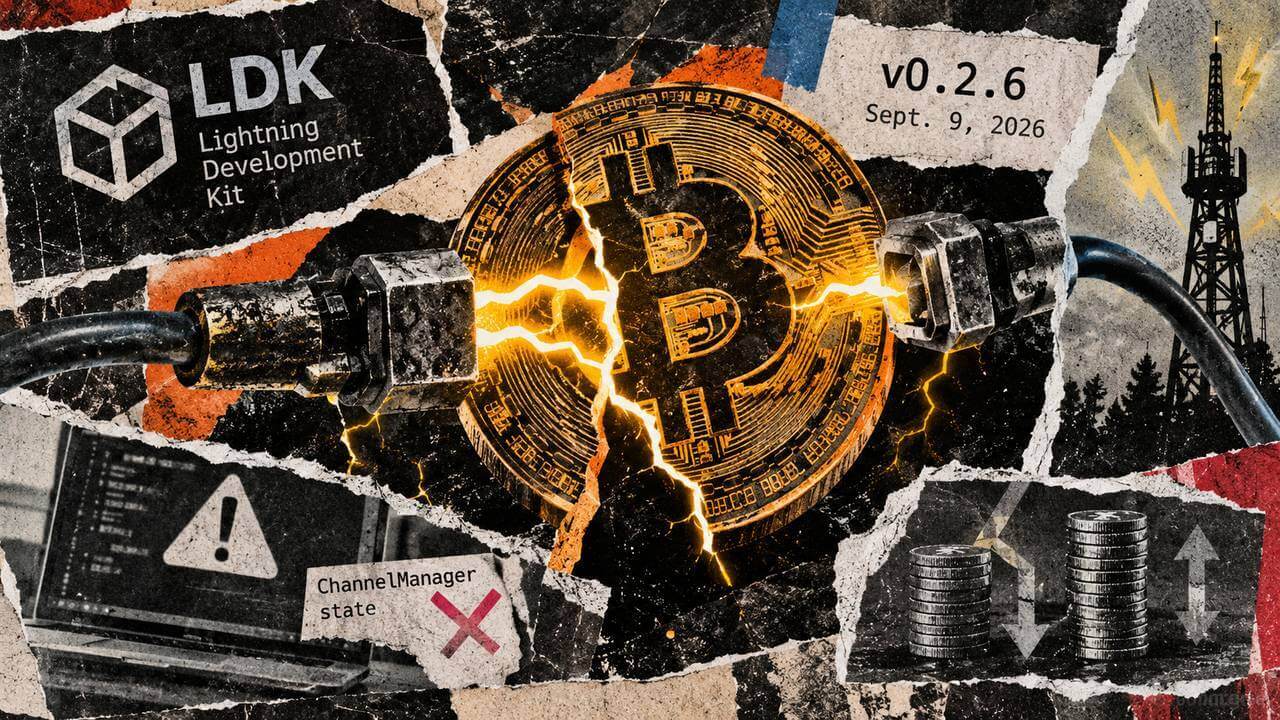 Bitcoin Lightning collage showing a cracked Bitcoin symbol, LDK v0.2.6 patch details, node-state risk, and network connections.