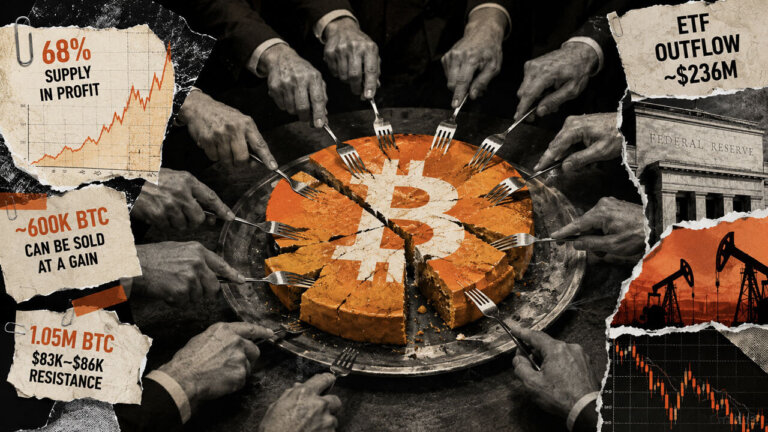 Suited figures carve up a Bitcoin cake as profit-supply, ETF outflow, Fed, oil, and resistance scraps surround the table.