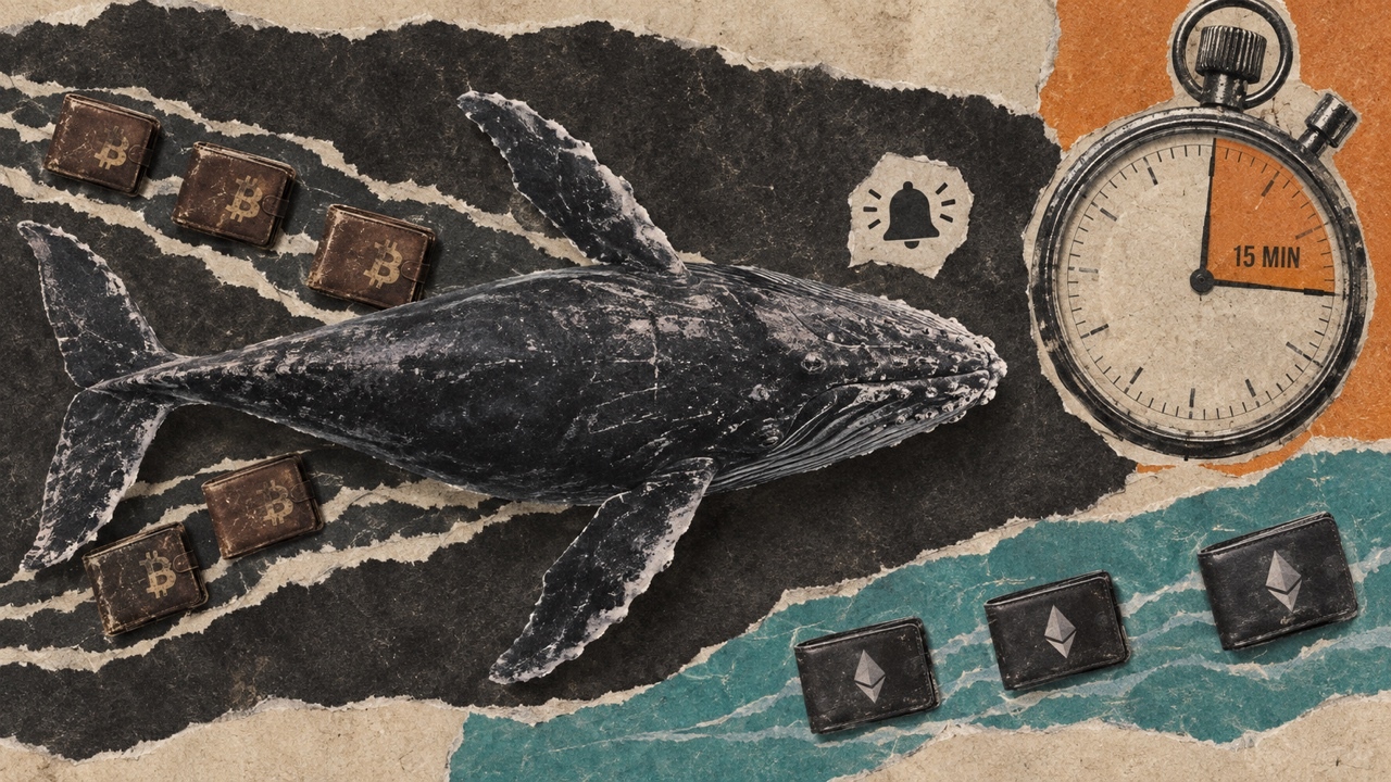 Bitcoin wallets follow a whale beside a 15-minute stopwatch, while Ethereum wallets form an evenly spaced row.