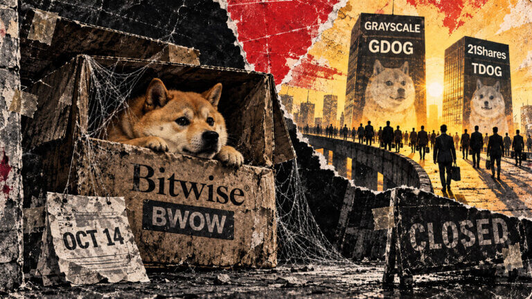 Abandoned Bitwise BWOW box contrasts with investors moving toward rival GDOG and TDOG Dogecoin ETF towers.