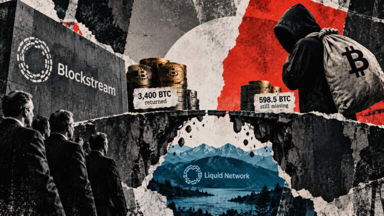 Torn editorial collage shows 3,400 BTC returned, 598.5 BTC withheld, Blockstream branding, and Liquid locked behind a chain.