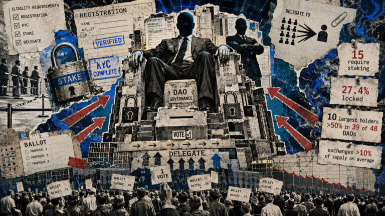 Shadowed DAO delegate sits on a governance throne above crowds, locks, ballots and voting data, showing power concentrated by rules.