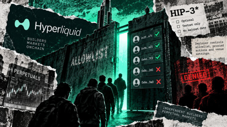 Hyperliquid allowlist gate controls entry to builder-run perpetual markets as traders queue beside approved and denied wallet signals.