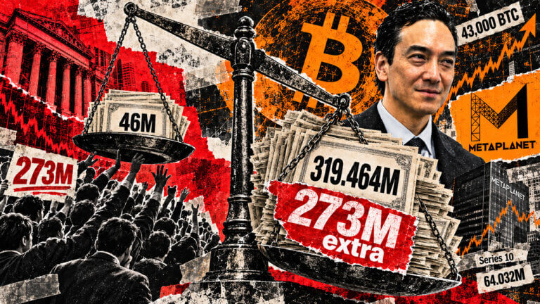 A tipped scale weighs 46M shares against Metaplanet’s 319.464M option pool, highlighting the disputed 273M-share expansion.