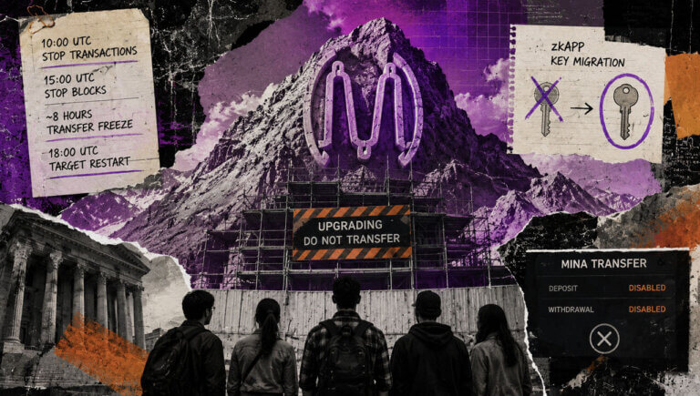Mina upgrade visualized as a mountain under scaffolding with transfer halt notices, zkApp key migration, and users waiting below.