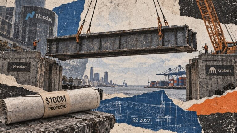 A crane lowers a steel bridge between Nasdaq and Kraken, above a proposed $100M agreement and Q2 2027 blueprint.
