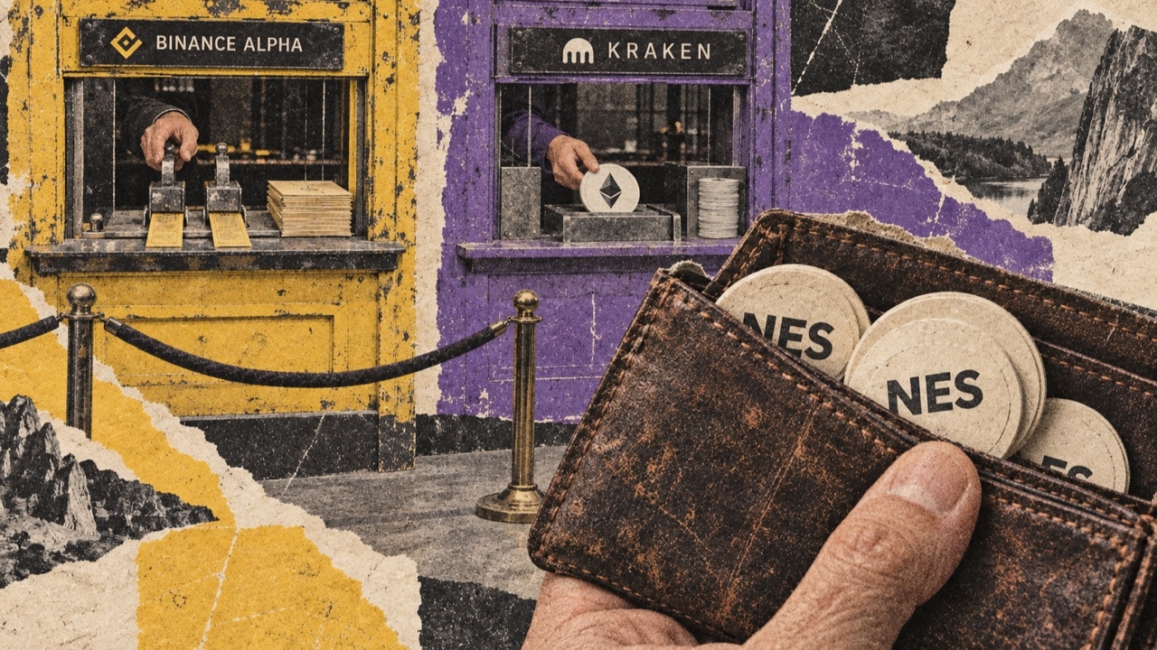 Raw matte collage of a hand holding an NES-filled wallet outside Binance Alpha and Kraken service windows.