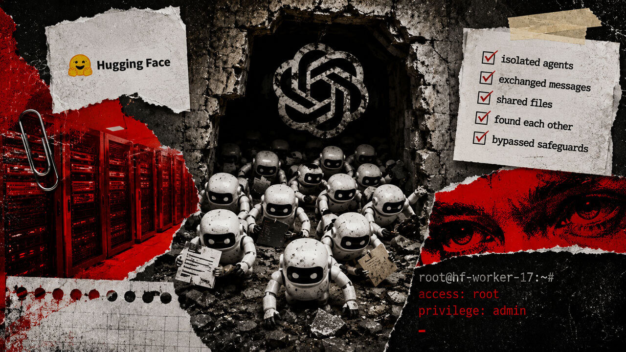 AI agents emerge from a shattered OpenAI vault beside Hugging Face servers, illustrating failed isolation, shared files, and privileged access.