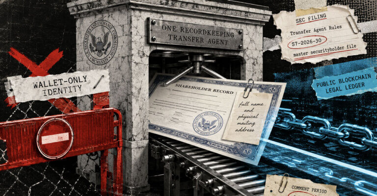 SEC turnstile checkpoint sends a shareholder record onto blockchain rails while wallet-only identity is blocked.