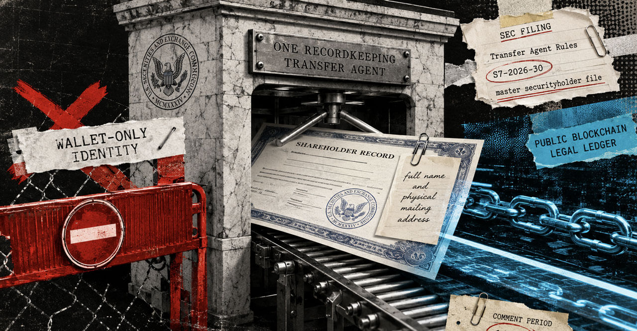SEC turnstile checkpoint sends a shareholder record onto blockchain rails while wallet-only identity is blocked.