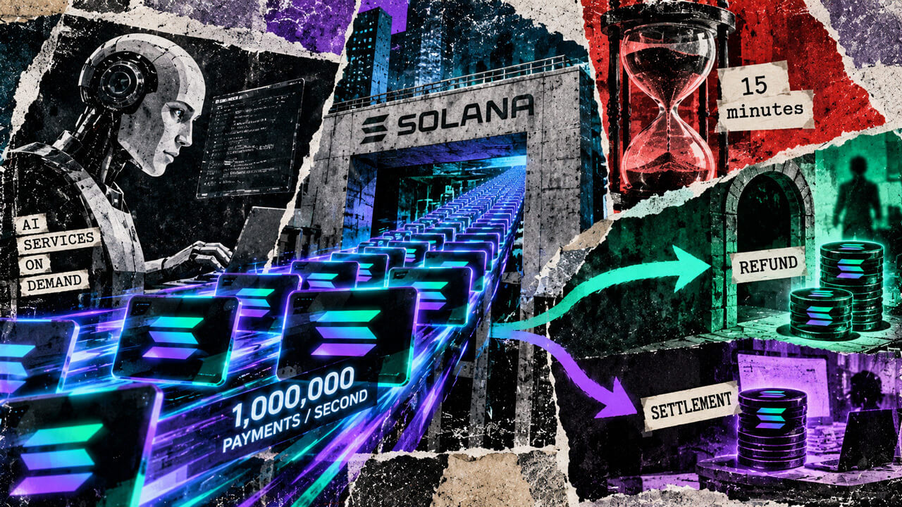 Solana AI payment collage shows million-scale transactions branching toward customer refunds and merchant settlement after a 15-minute recovery window.