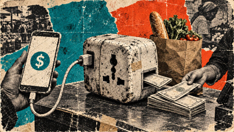 A phone connects to a large adapter dispensing banknotes beside stablecoins and groceries at a checkout counter.
