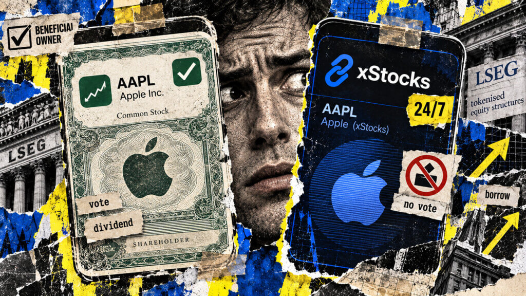 Split-eye collage contrasts beneficial stock ownership and voting rights with xStocks token exposure, 24/7 trading, and borrowing.