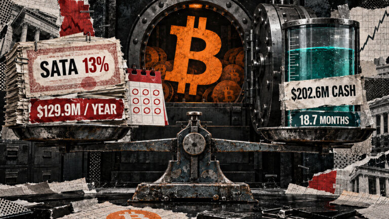 Editorial collage of a balance comparing SATA’s $129.9 million annual dividend burden with $202.6 million in cash and 18.7 months of coverage.