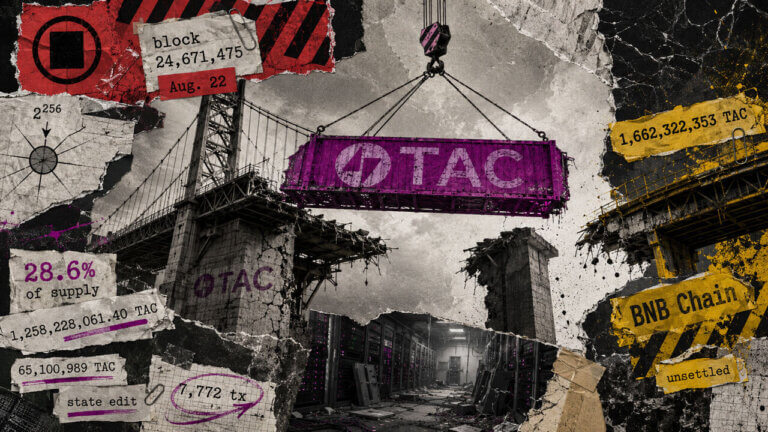 Broken bridge collage symbolizes TAC’s halted network, treasury-backed recovery, validator restart, and unresolved tokens stranded on BNB Chain.