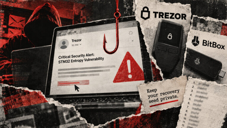 Distressed collage showing a Trezor wallet under phishing pressure, fake security emails, BitBox branding, and warning symbols.