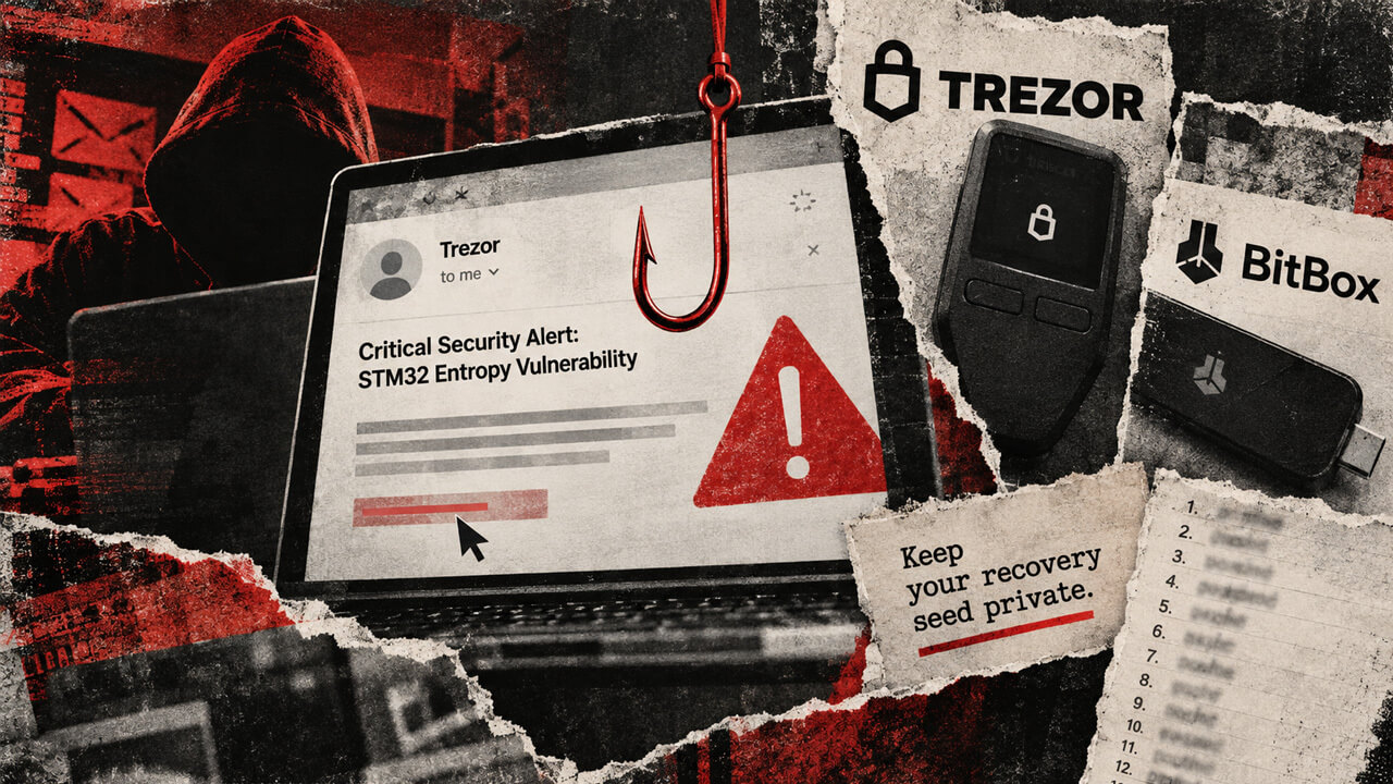 Distressed collage showing a Trezor wallet under phishing pressure, fake security emails, BitBox branding, and warning symbols.