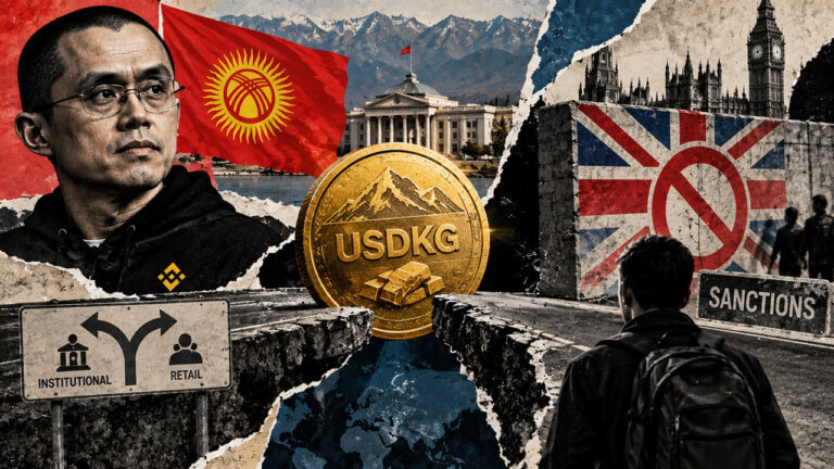CZ, Kyrgyz state imagery, and USDKG face a sanctions wall while institutional and retail exit paths split across a fractured divide.