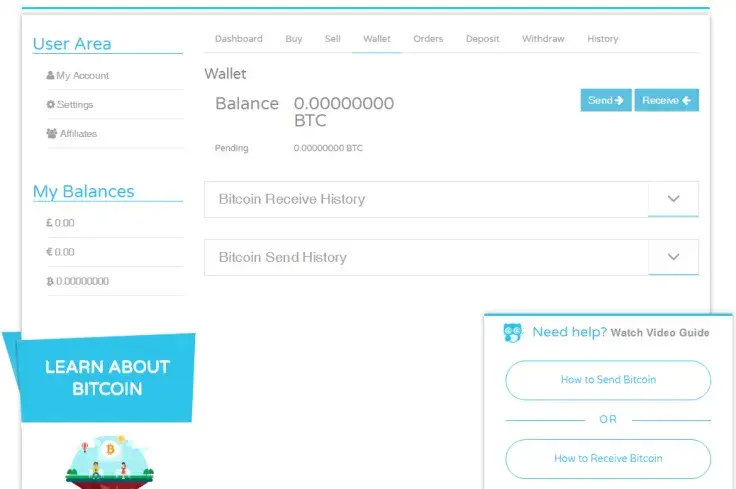User area in CoinCorner