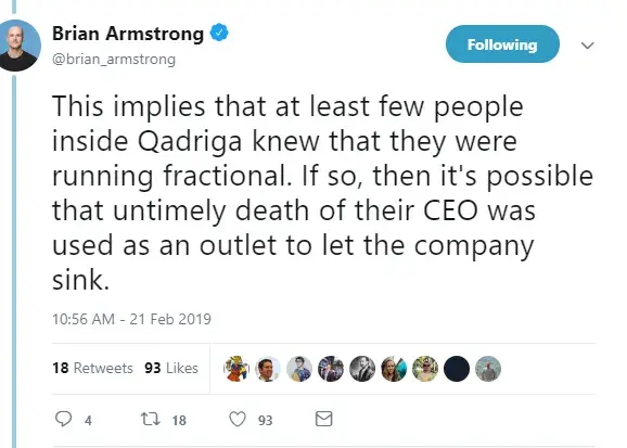 Head of Coinbase Believes Late CEO of QuadrigaCX Did Not Plan Fraud