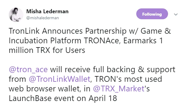 TronLink Wallet Teams Up with TRONAce, Big Bounty for TronLink Users Coming