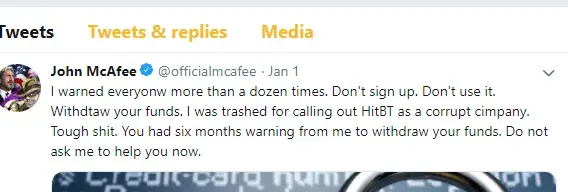 McAfee shoots a tweet at HitBTC